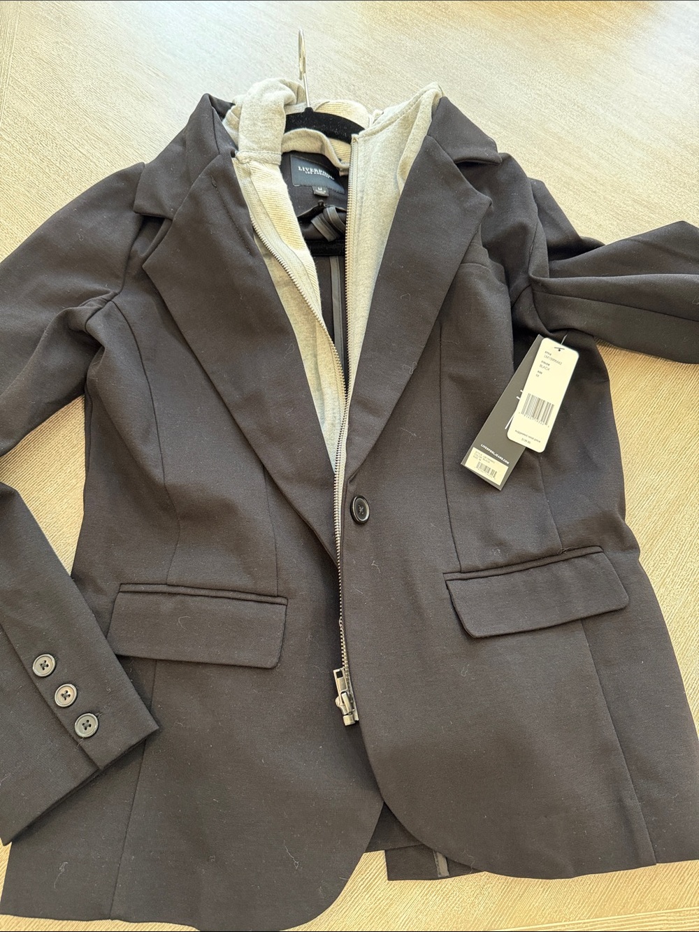 Liverpool Black Blazer with Light Gray Zip-In Hood Insert